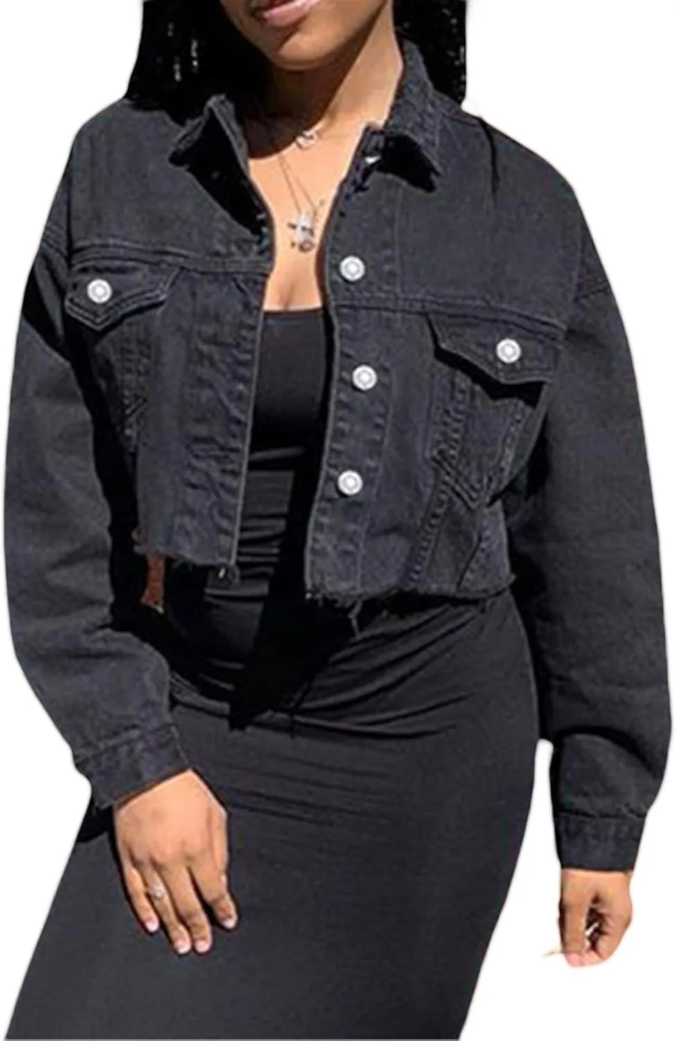 FEORJGP Women Crop Denim Jacket Button Down Distressed Ripped Hem Jacket Long Sleeve Lapel Cropped Jean Jacket 90s Streetwear