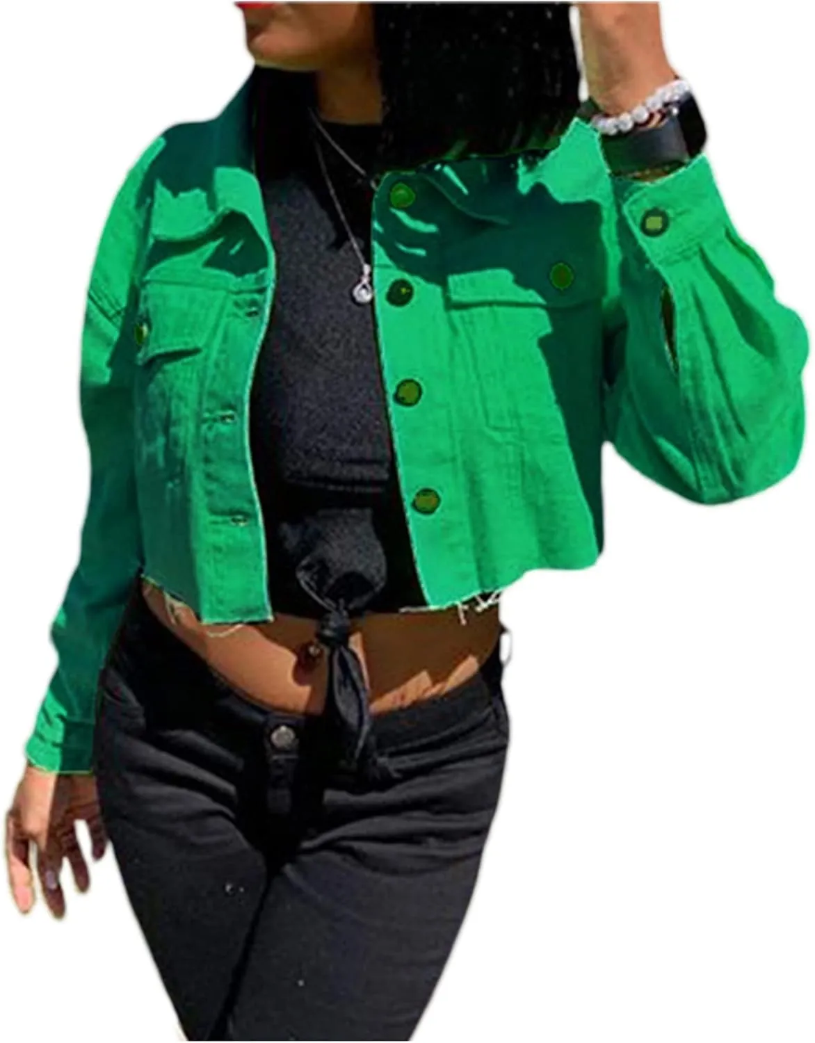 FEORJGP Women Crop Denim Jacket Button Down Distressed Ripped Hem Jacket Long Sleeve Lapel Cropped Jean Jacket 90s Streetwear