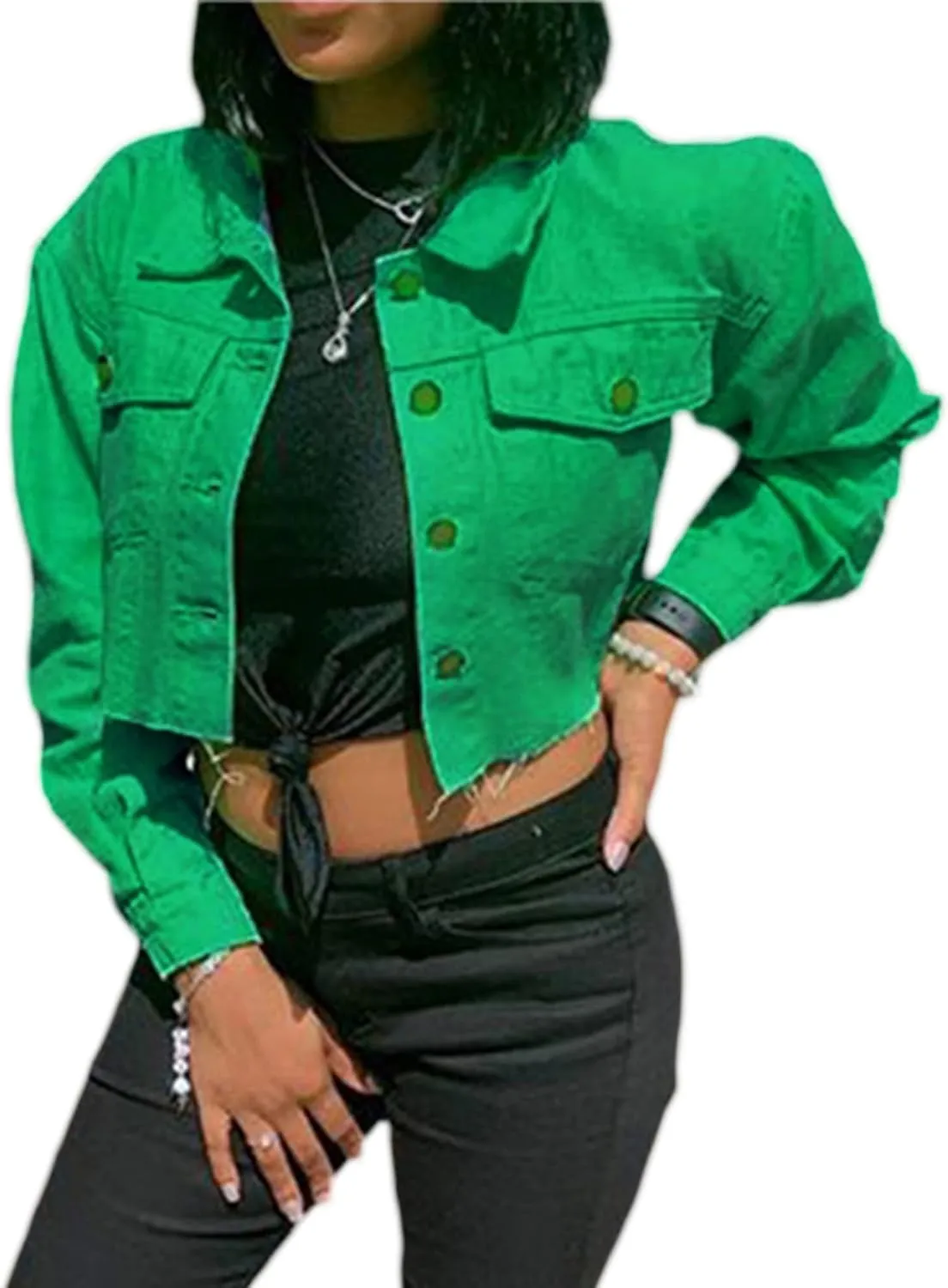 FEORJGP Women Crop Denim Jacket Button Down Distressed Ripped Hem Jacket Long Sleeve Lapel Cropped Jean Jacket 90s Streetwear