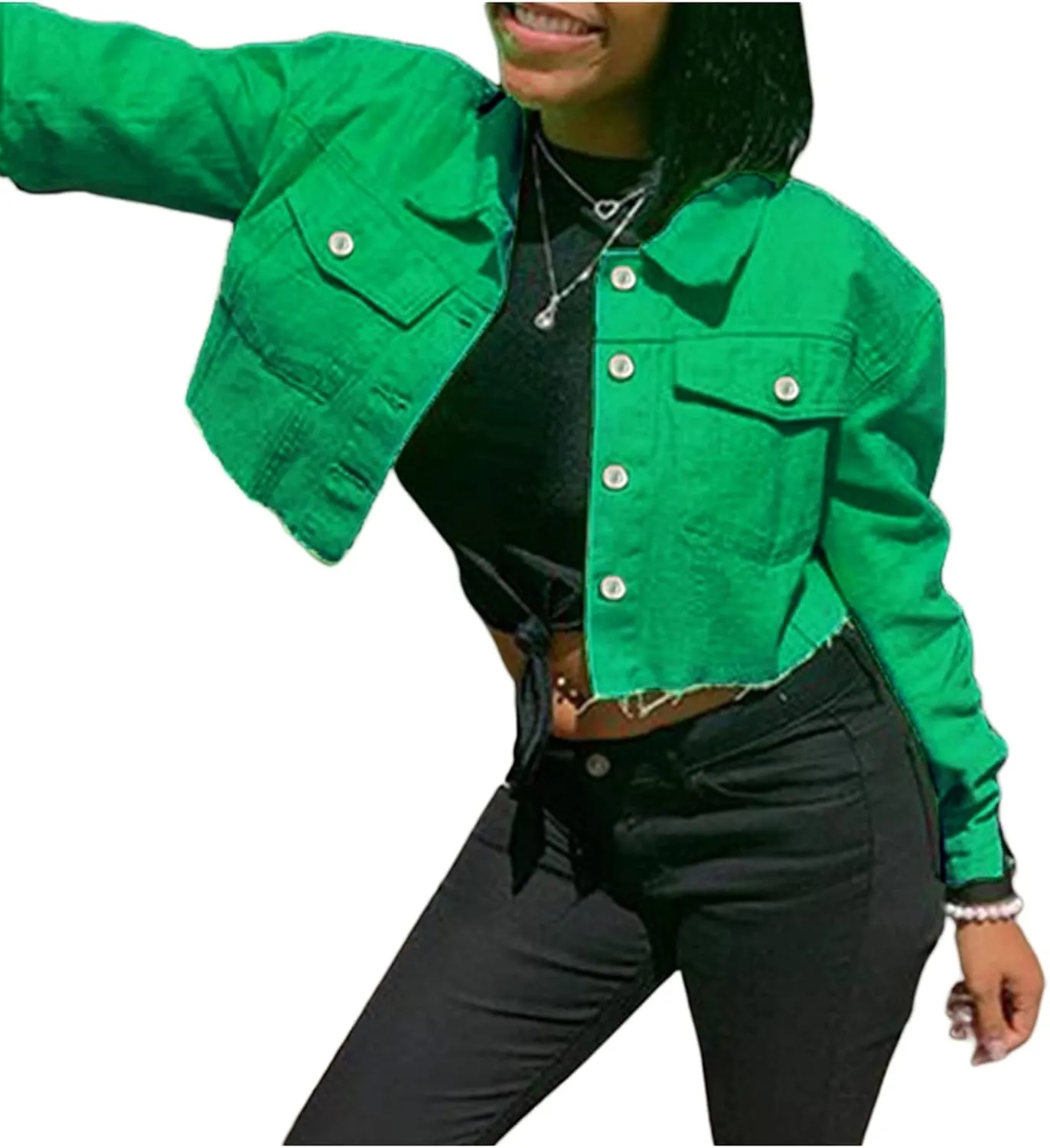 FEORJGP Women Crop Denim Jacket Button Down Distressed Ripped Hem Jacket Long Sleeve Lapel Cropped Jean Jacket 90s Streetwear
