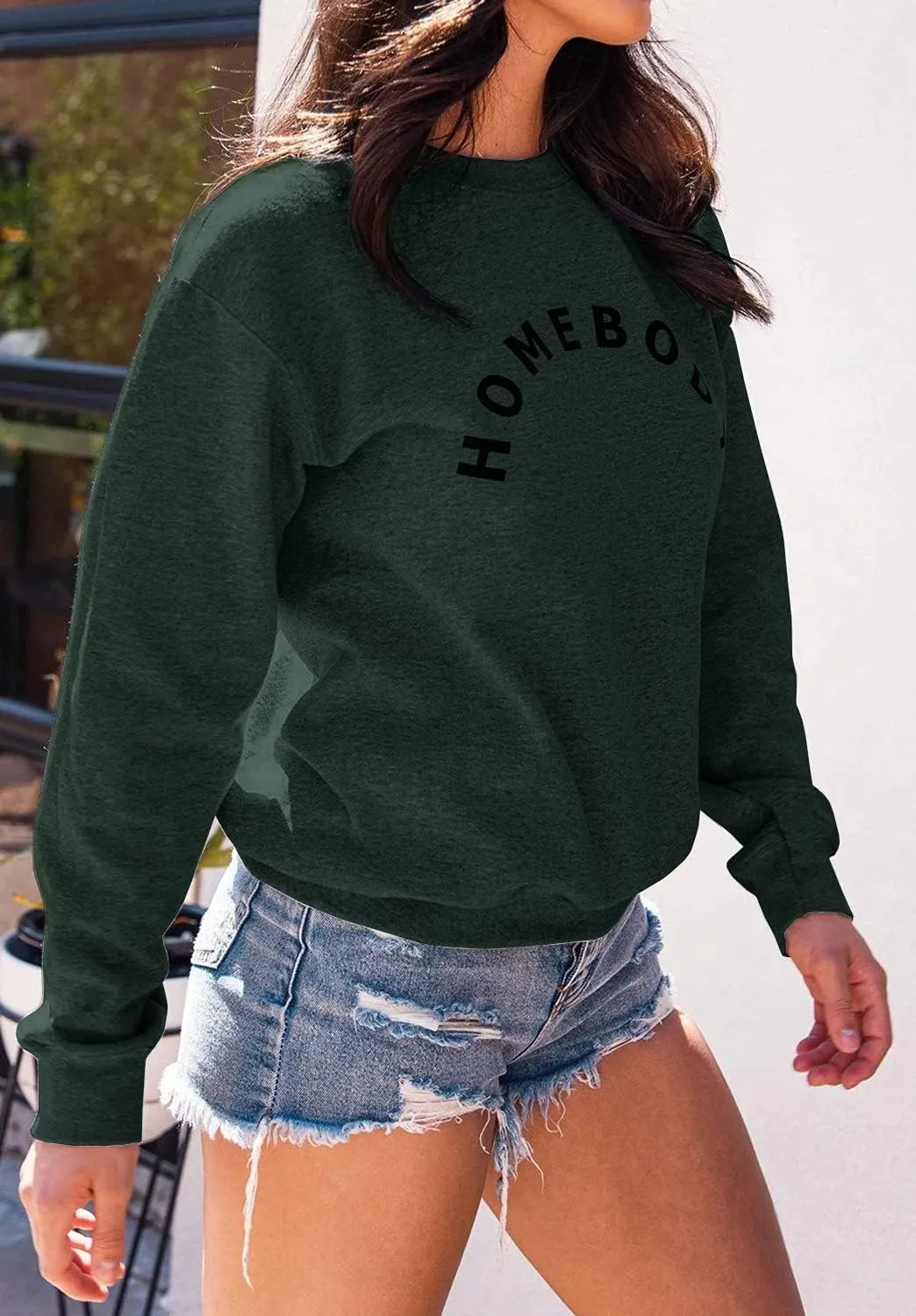 FISACE Womens Graphic Sweatshirt Crew Neck Solid Color Long Sleeve Casual Loose Letter Pullover Tops
