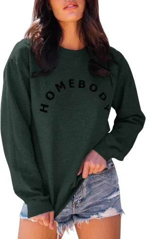 FISACE Womens Graphic Sweatshirt Crew Neck Solid Color Long Sleeve Casual Loose Letter Pullover Tops