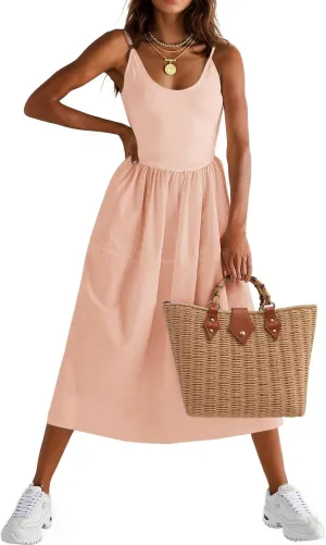 Fisoew Womens Spaghetti Strap Dress V Neck Backless Summer Casual A Line Cami Dress with Pocket