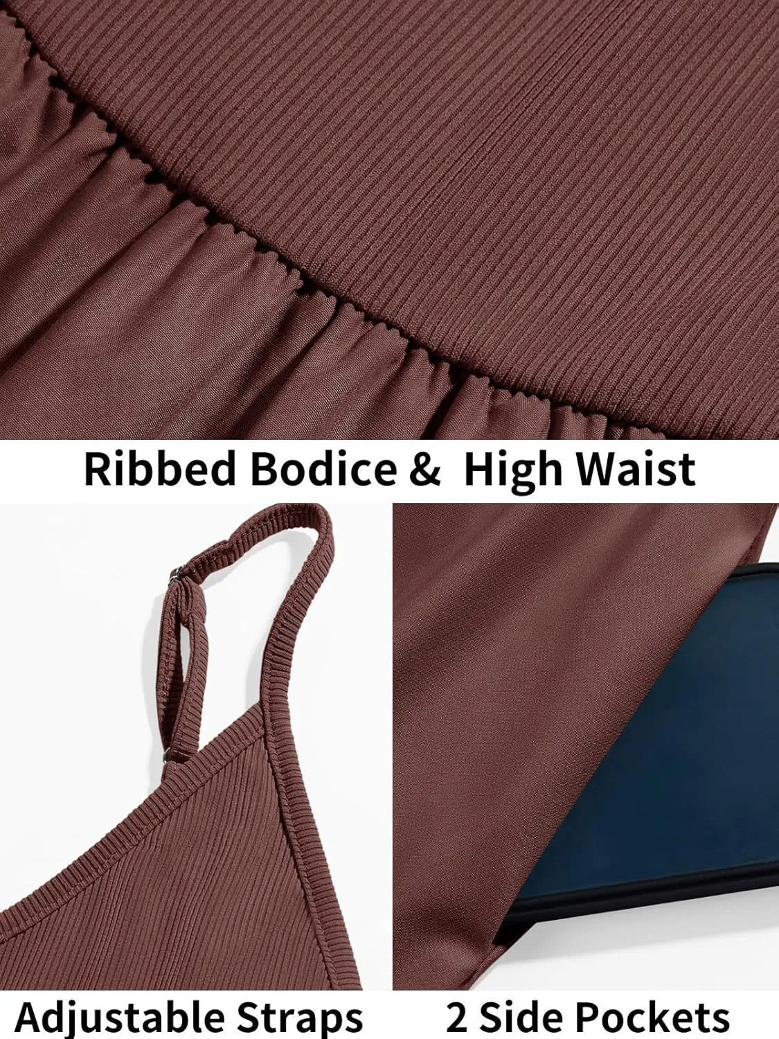 Fisoew Womens Spaghetti Strap Dress V Neck Backless Summer Casual A Line Cami Dress with Pocket