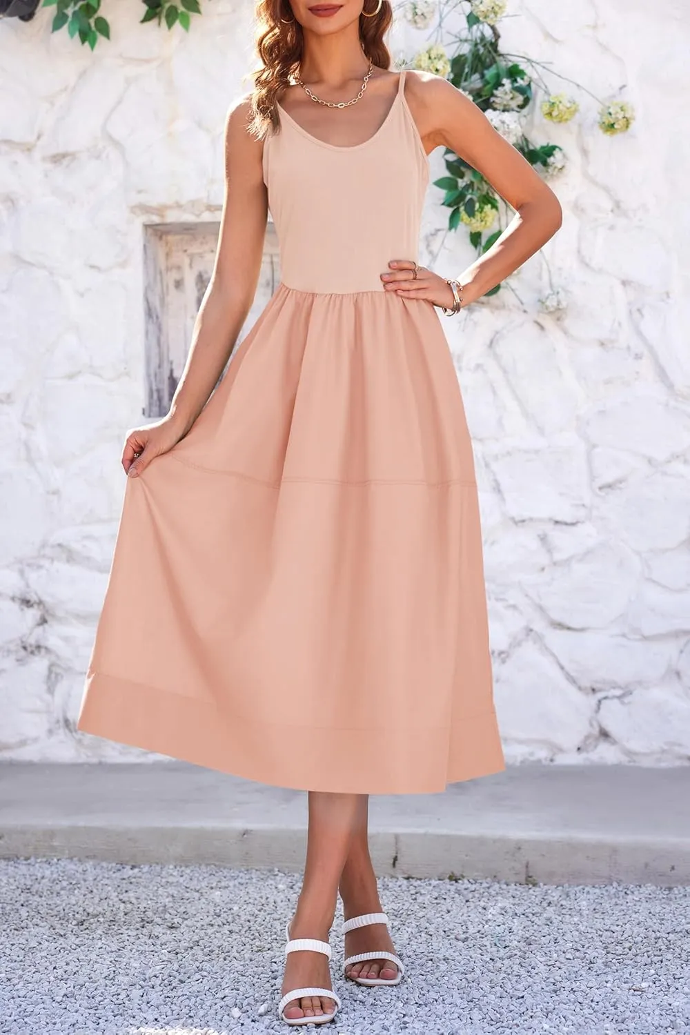Fisoew Womens Spaghetti Strap Dress V Neck Backless Summer Casual A Line Cami Dress with Pocket