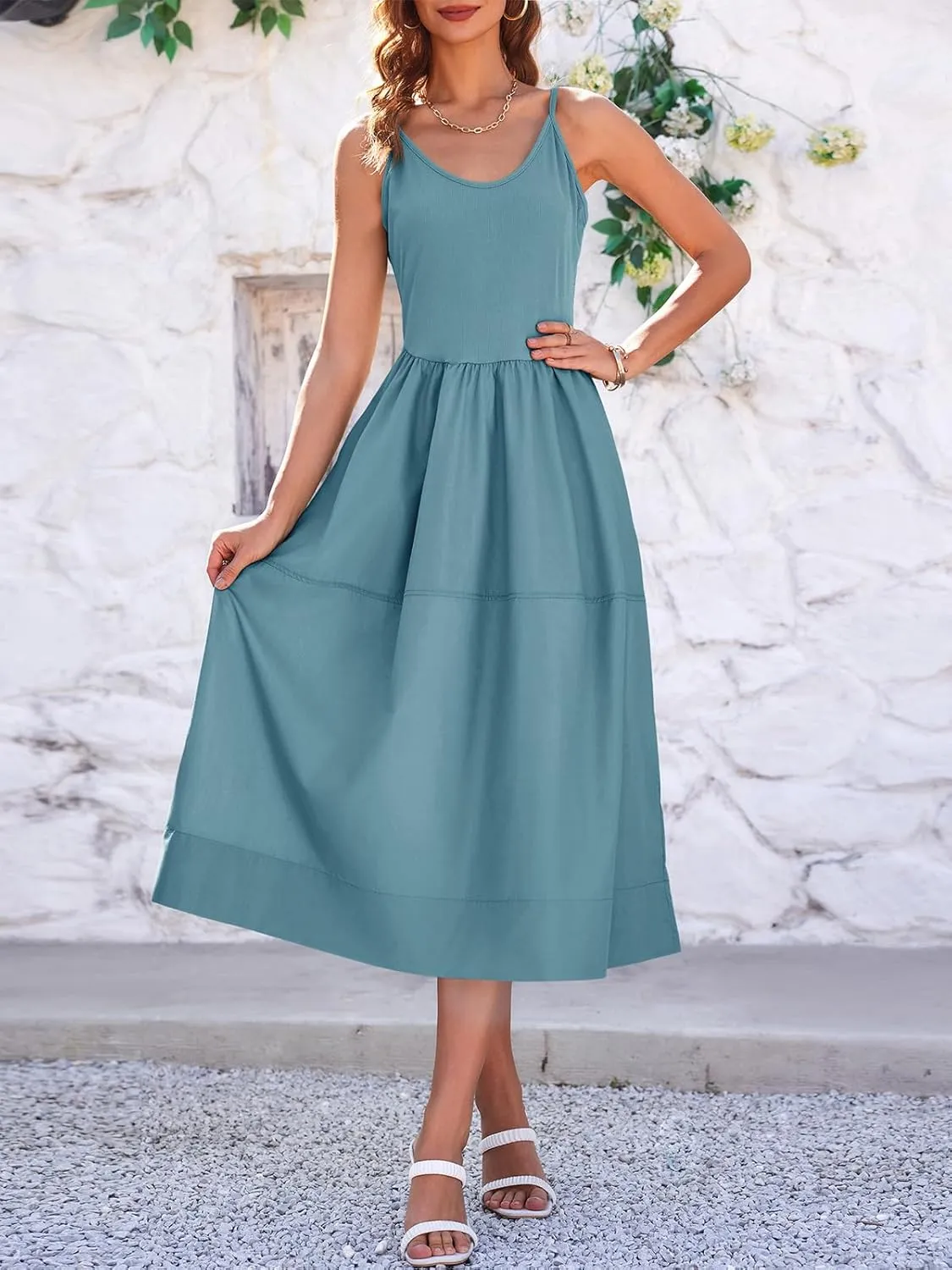 Fisoew Womens Spaghetti Strap Dress V Neck Backless Summer Casual A Line Cami Dress with Pocket