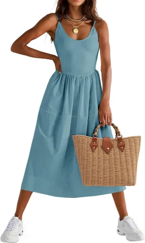 Fisoew Womens Spaghetti Strap Dress V Neck Backless Summer Casual A Line Cami Dress with Pocket