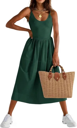 Fisoew Womens Spaghetti Strap Dress V Neck Backless Summer Casual A Line Cami Dress with Pocket