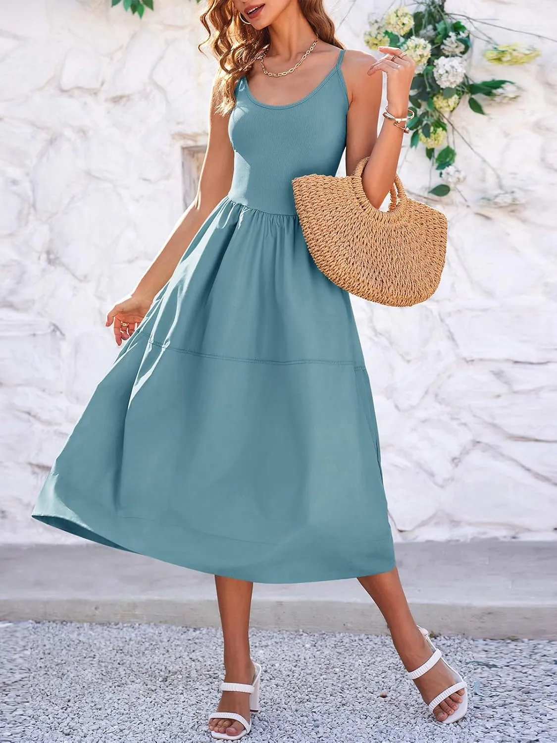 Fisoew Womens Spaghetti Strap Dress V Neck Backless Summer Casual A Line Cami Dress with Pocket