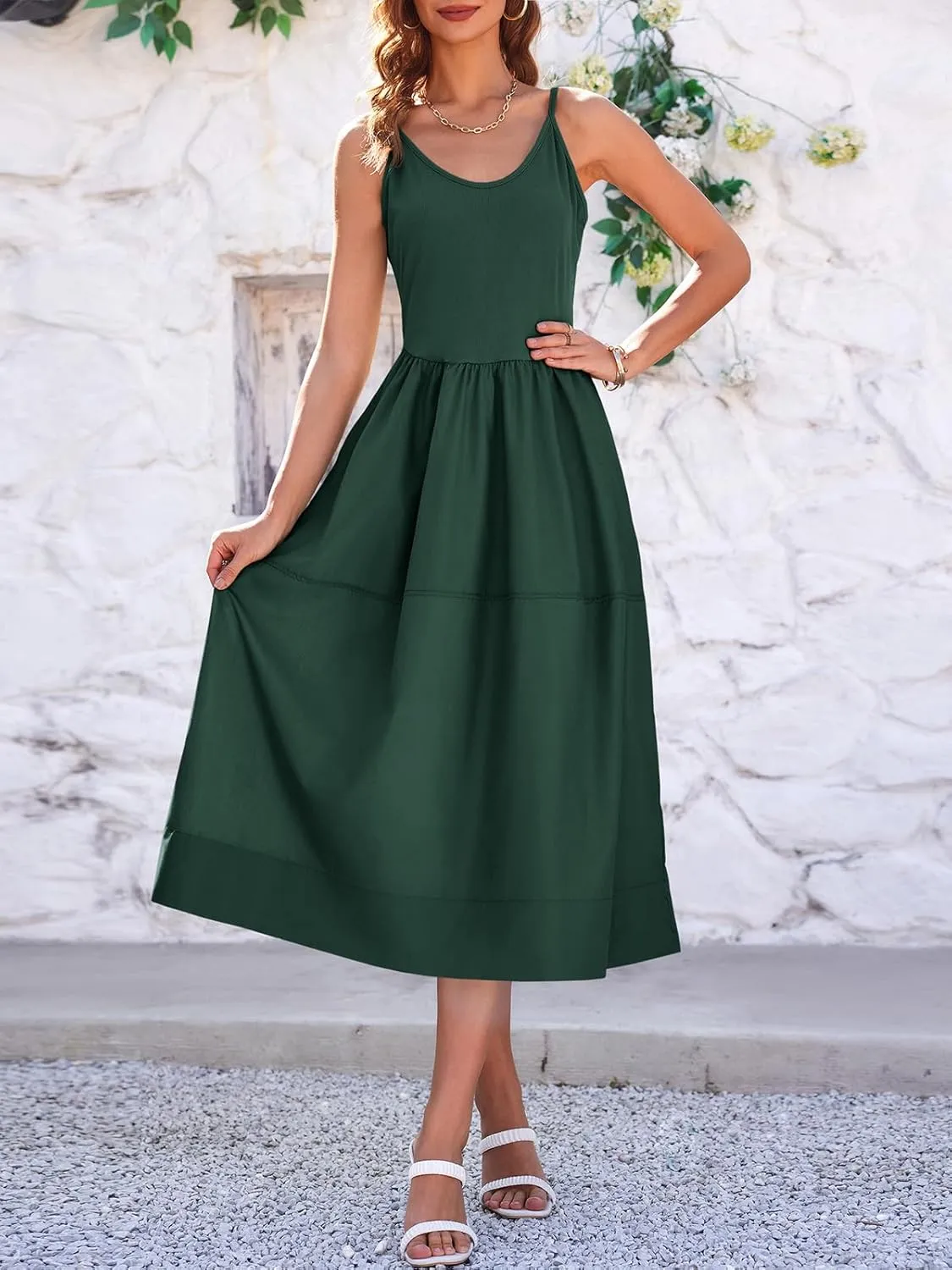 Fisoew Womens Spaghetti Strap Dress V Neck Backless Summer Casual A Line Cami Dress with Pocket