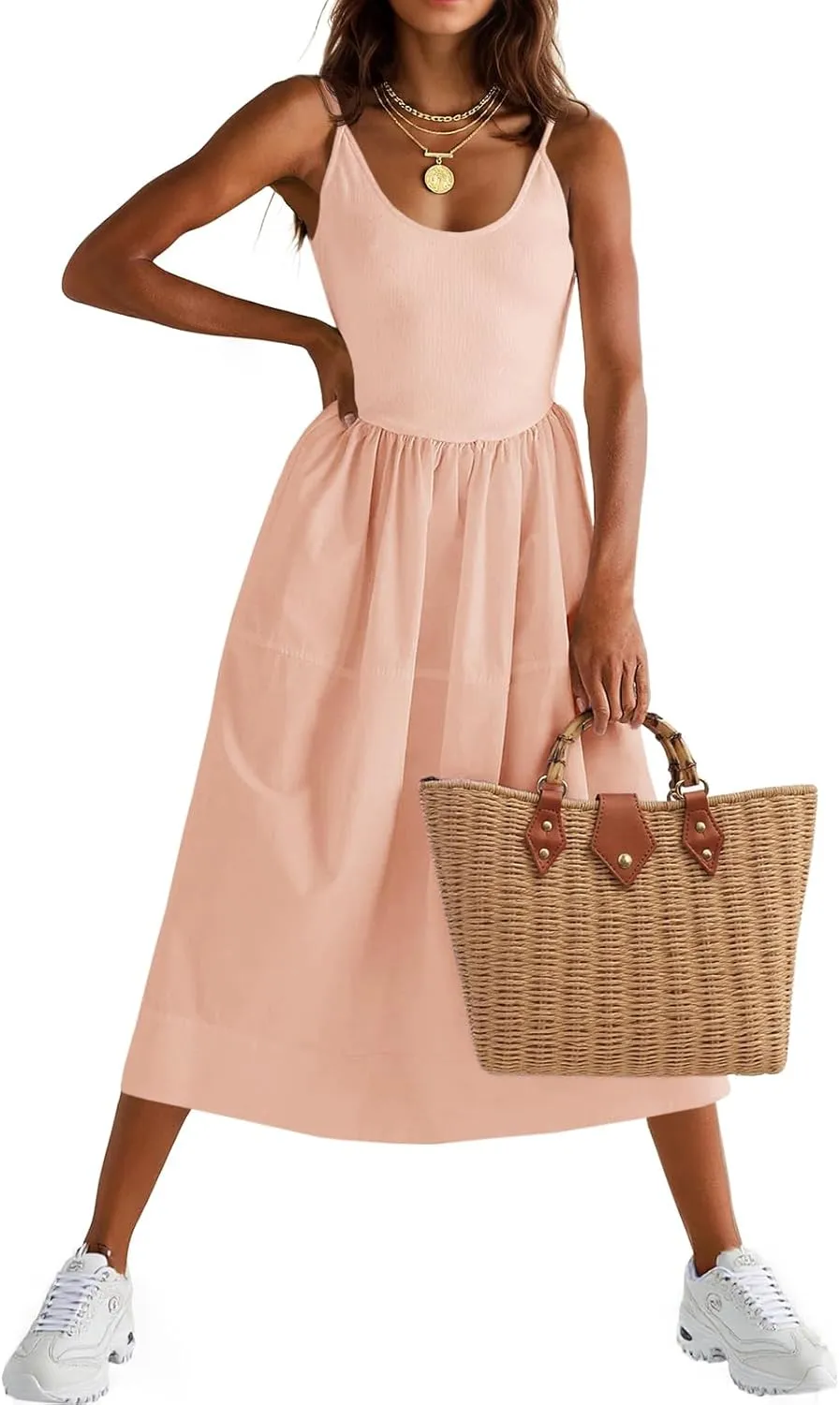 Fisoew Womens Spaghetti Strap Dress V Neck Backless Summer Casual A Line Cami Dress with Pocket