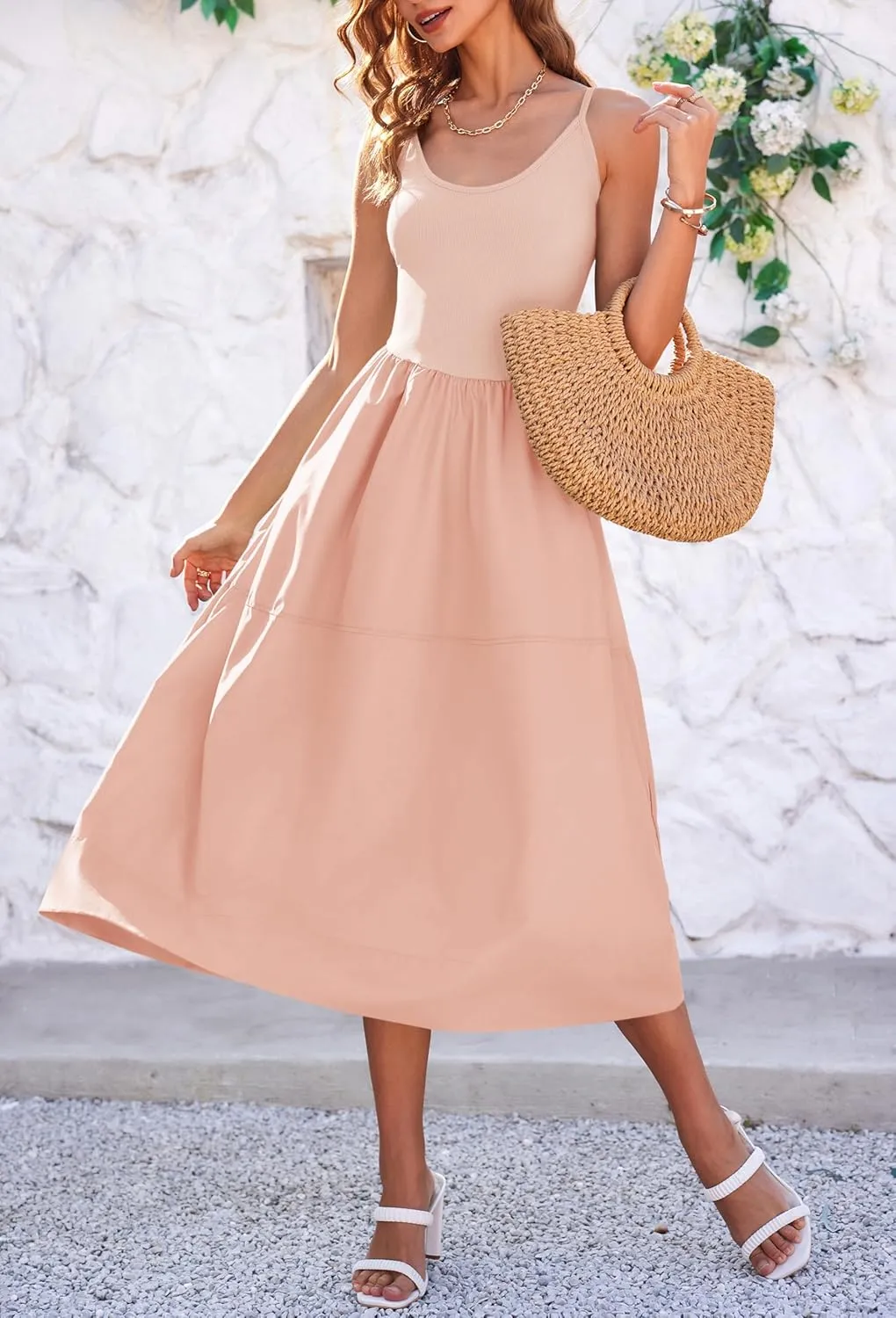 Fisoew Womens Spaghetti Strap Dress V Neck Backless Summer Casual A Line Cami Dress with Pocket