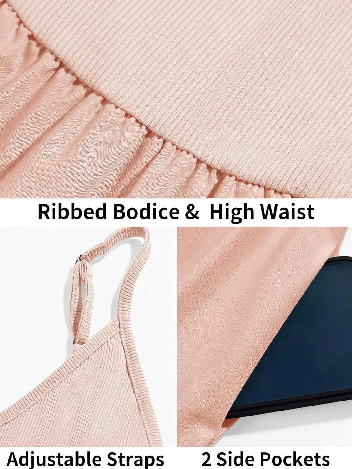 Fisoew Womens Spaghetti Strap Dress V Neck Backless Summer Casual A Line Cami Dress with Pocket