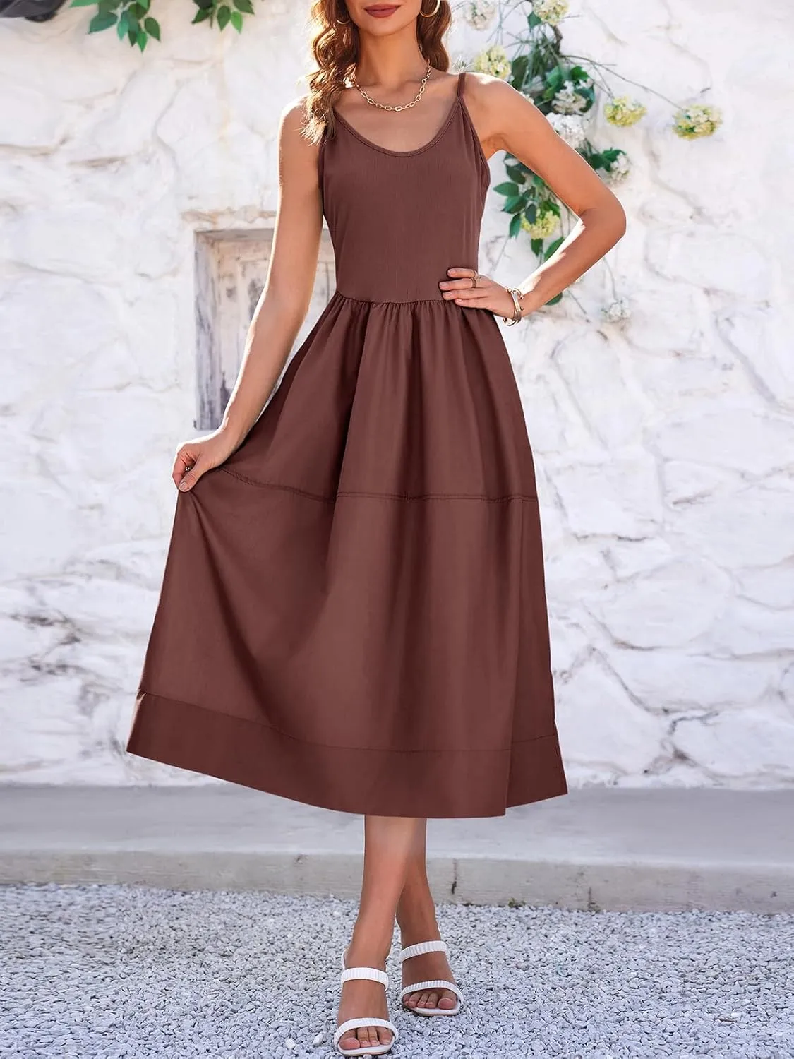 Fisoew Womens Spaghetti Strap Dress V Neck Backless Summer Casual A Line Cami Dress with Pocket