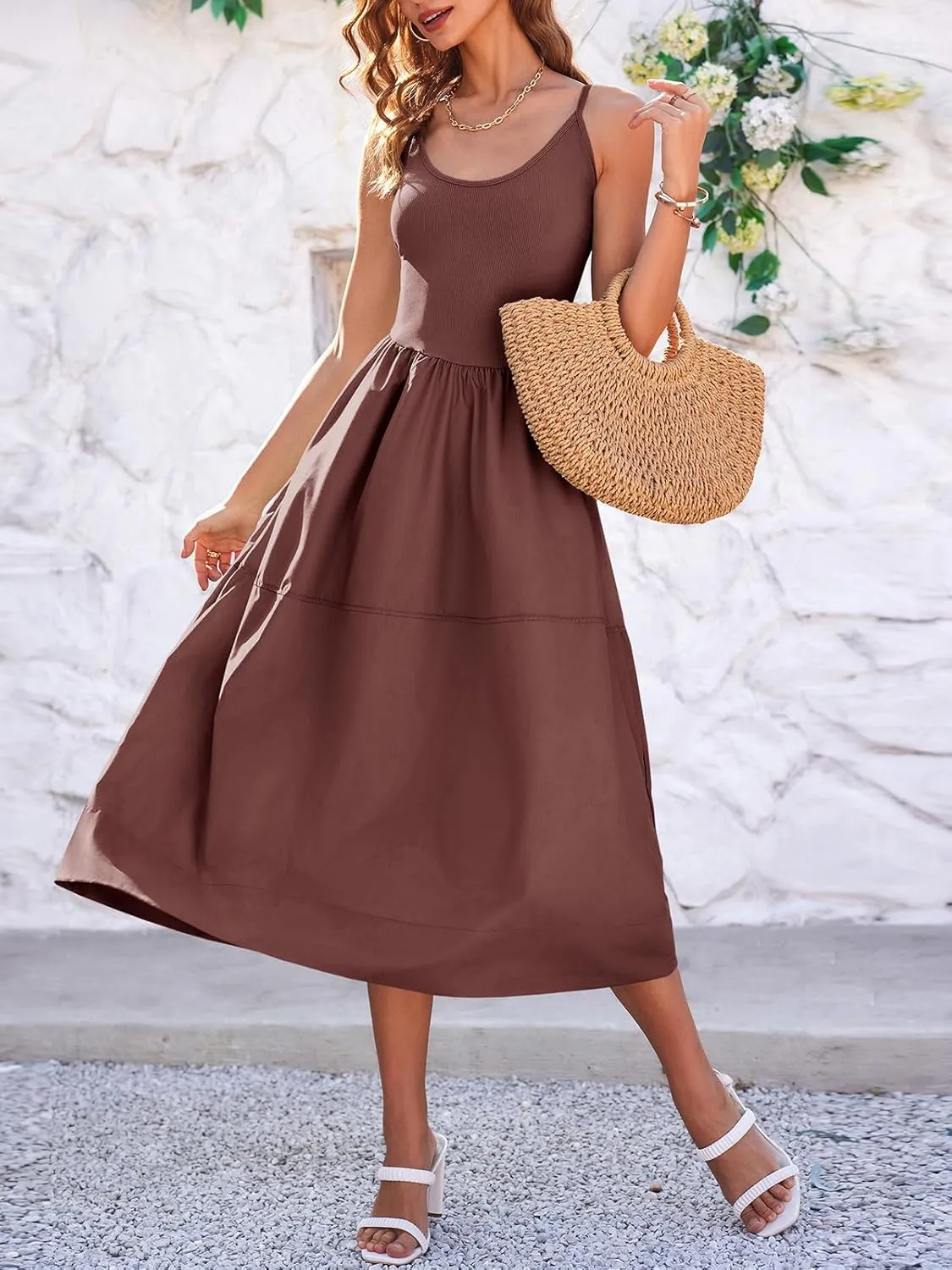 Fisoew Womens Spaghetti Strap Dress V Neck Backless Summer Casual A Line Cami Dress with Pocket