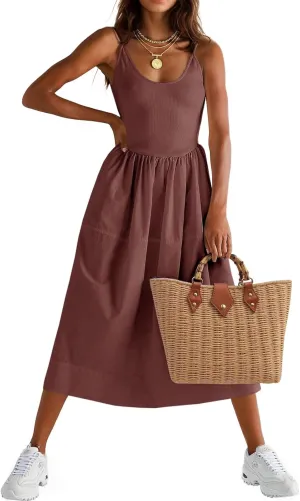 Fisoew Womens Spaghetti Strap Dress V Neck Backless Summer Casual A Line Cami Dress with Pocket
