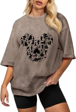 Flafens Oversized Acid Wash Vintage T Shirts for Women - Graphic Tees Womens Retro Cotton Cute Cool Loose Tshirts Teens Girls