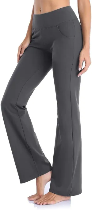 Flare Leggings With Pockets For Women High Waist Casual Workout Bell Bottom Pant Soft Yoga Wide Leg Bootcut Trouser