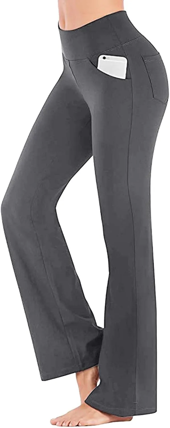 Flare Leggings With Pockets For Women High Waist Casual Workout Bell Bottom Pant Soft Yoga Wide Leg Bootcut Trouser