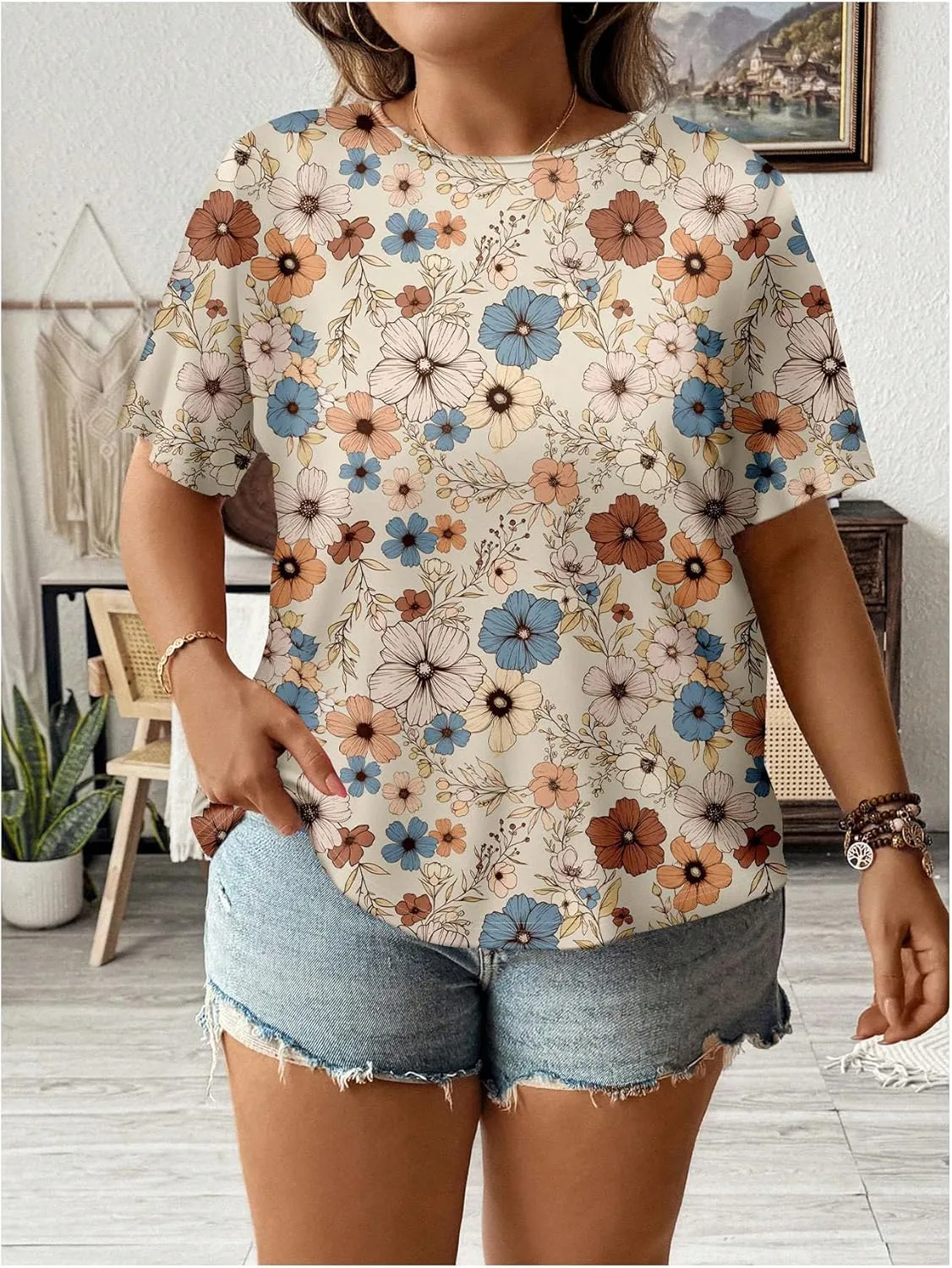 Floerns Women's Plus Size Floral Print Crew Neck T Shirt Short Sleeve Casual Tee Tops