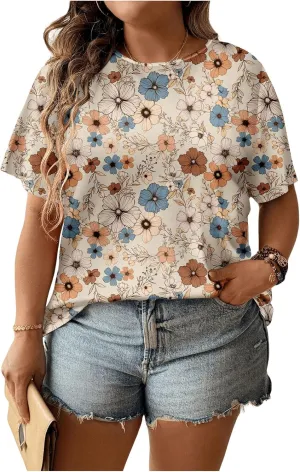 Floerns Women's Plus Size Floral Print Crew Neck T Shirt Short Sleeve Casual Tee Tops