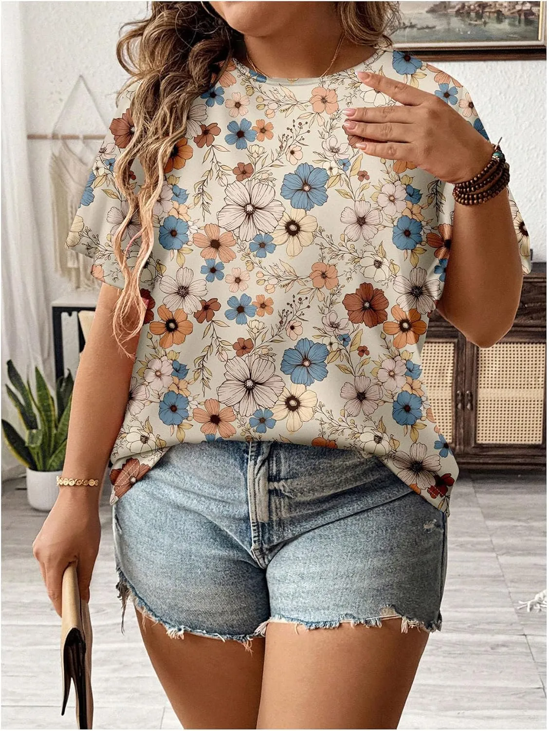 Floerns Women's Plus Size Floral Print Crew Neck T Shirt Short Sleeve Casual Tee Tops