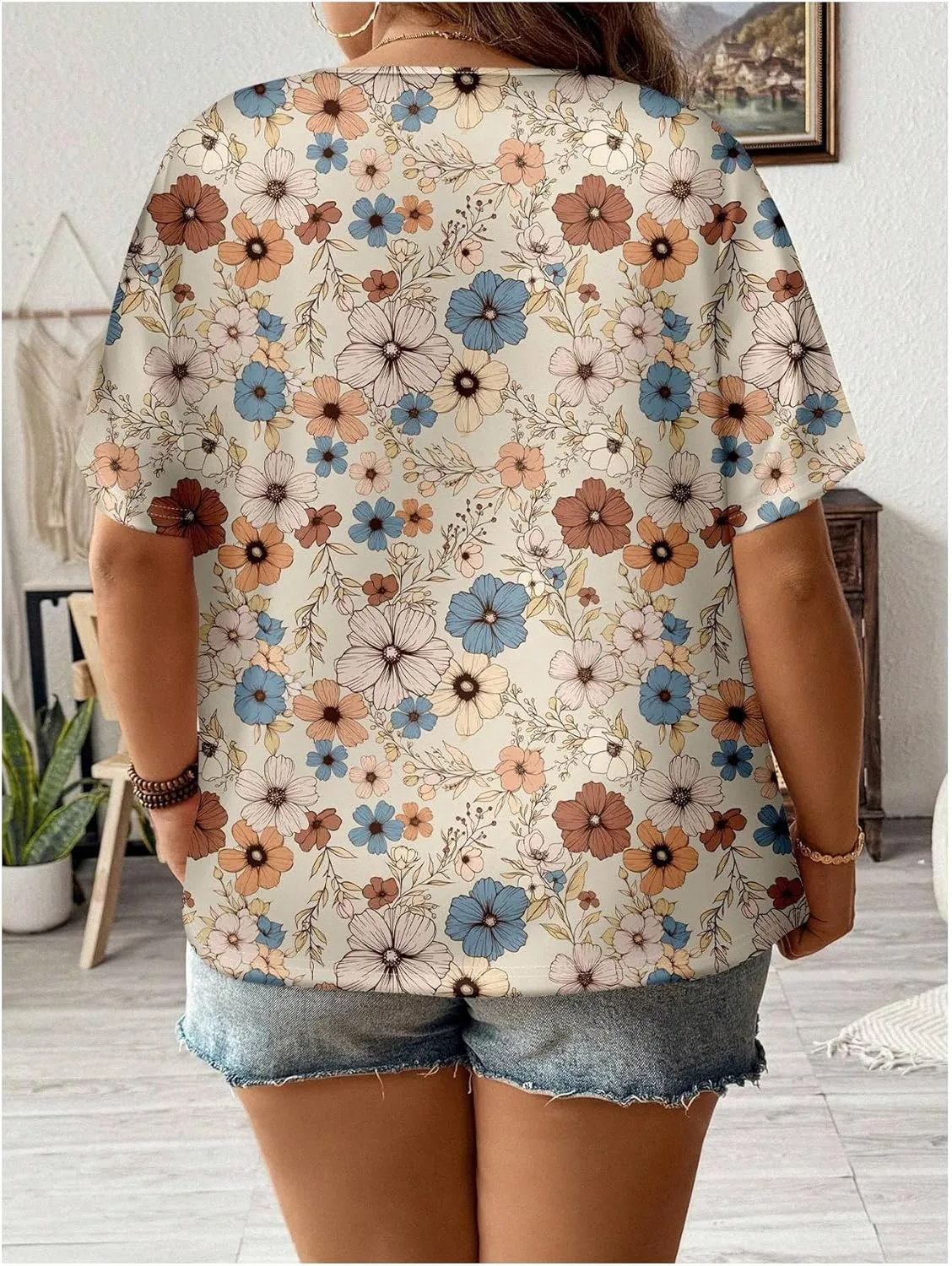 Floerns Women's Plus Size Floral Print Crew Neck T Shirt Short Sleeve Casual Tee Tops