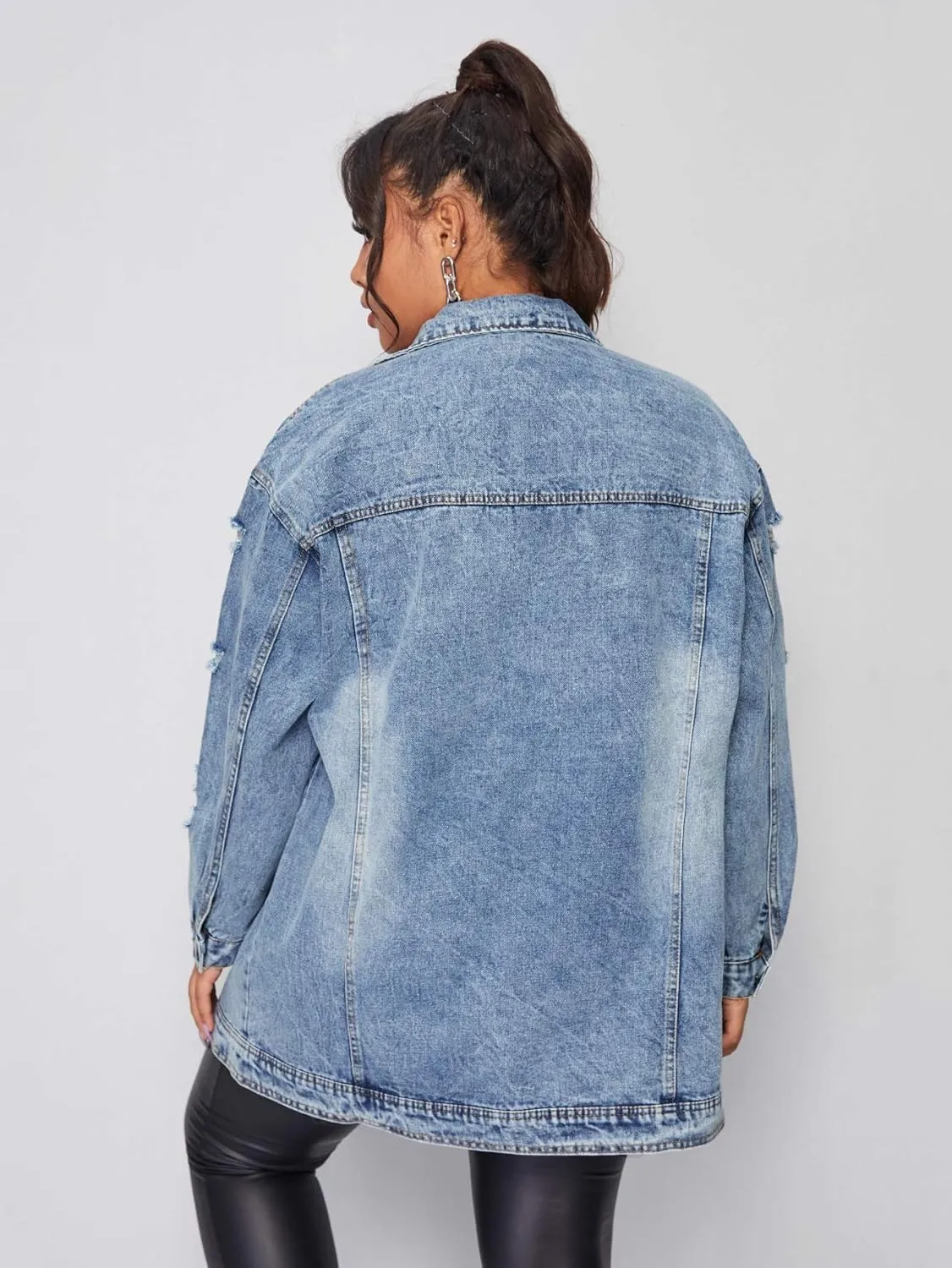 Floerns Women's Plus Size Ripped Distressed Long Sleeve Denim Jacket