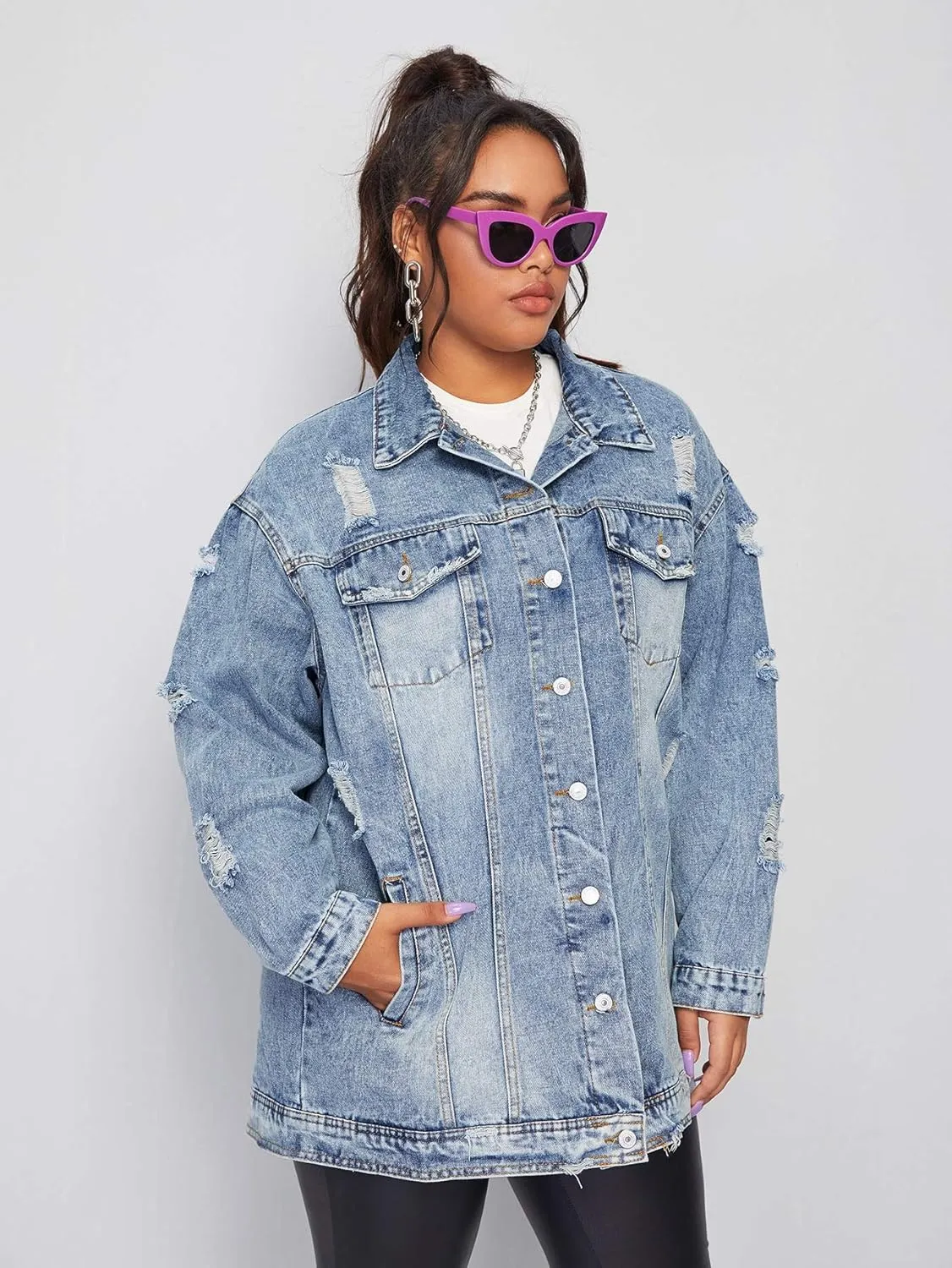 Floerns Women's Plus Size Ripped Distressed Long Sleeve Denim Jacket
