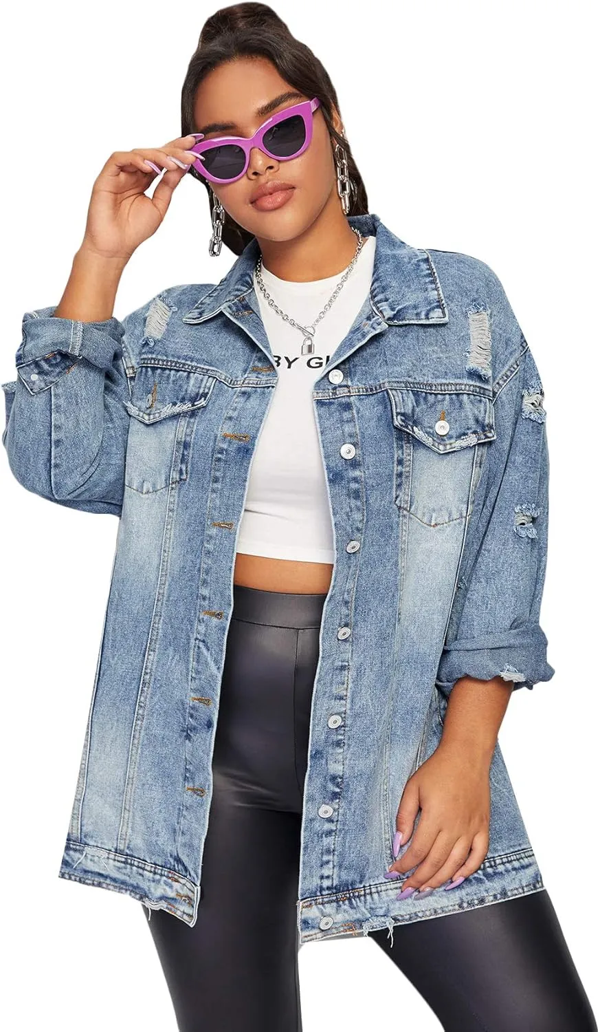 Floerns Women's Plus Size Ripped Distressed Long Sleeve Denim Jacket
