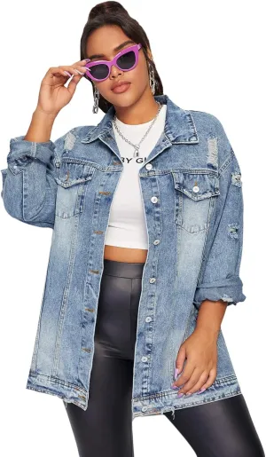 Floerns Women's Plus Size Ripped Distressed Long Sleeve Denim Jacket