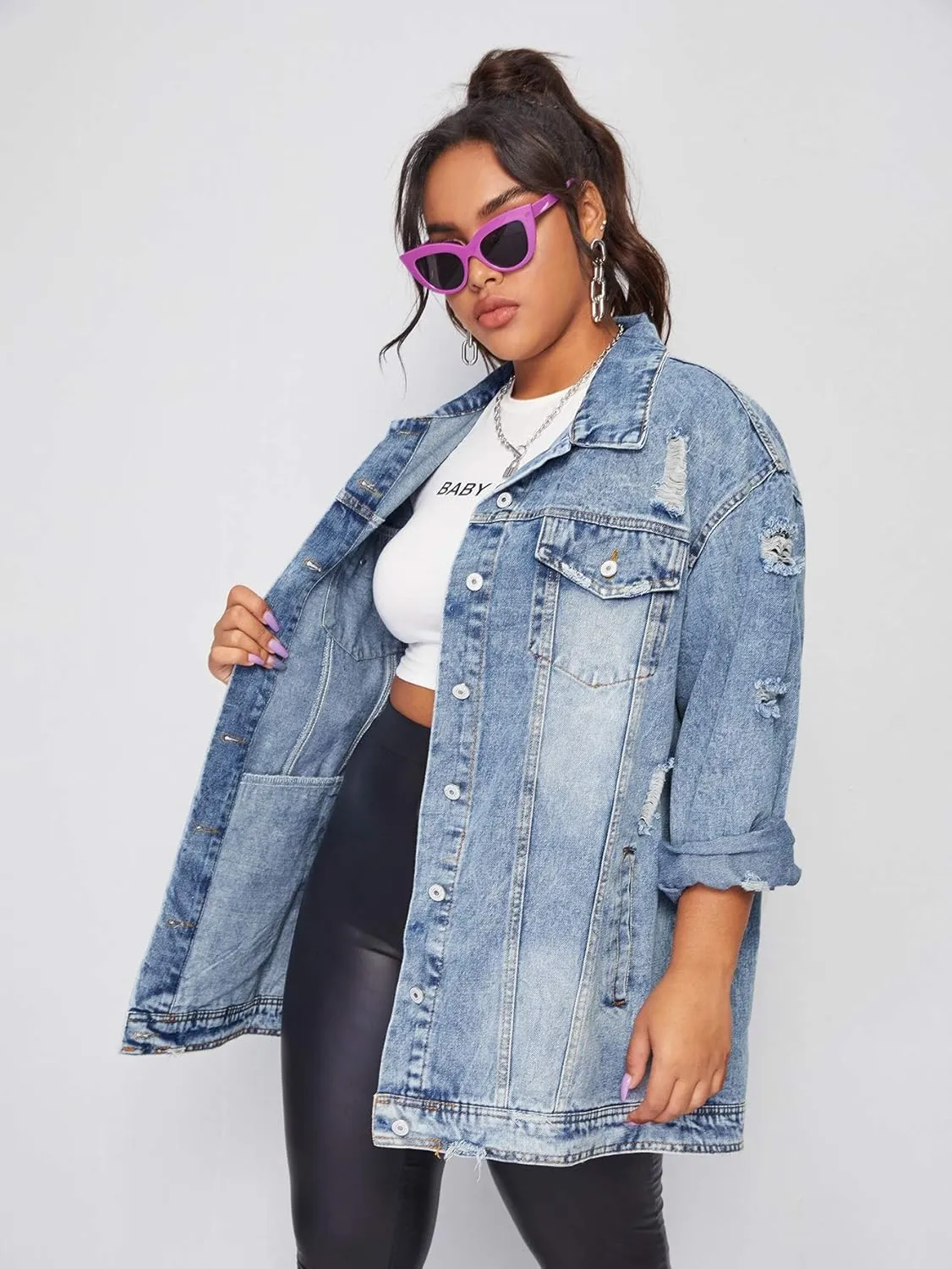 Floerns Women's Plus Size Ripped Distressed Long Sleeve Denim Jacket