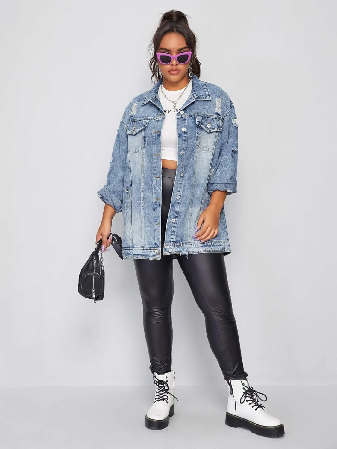 Floerns Women's Plus Size Ripped Distressed Long Sleeve Denim Jacket