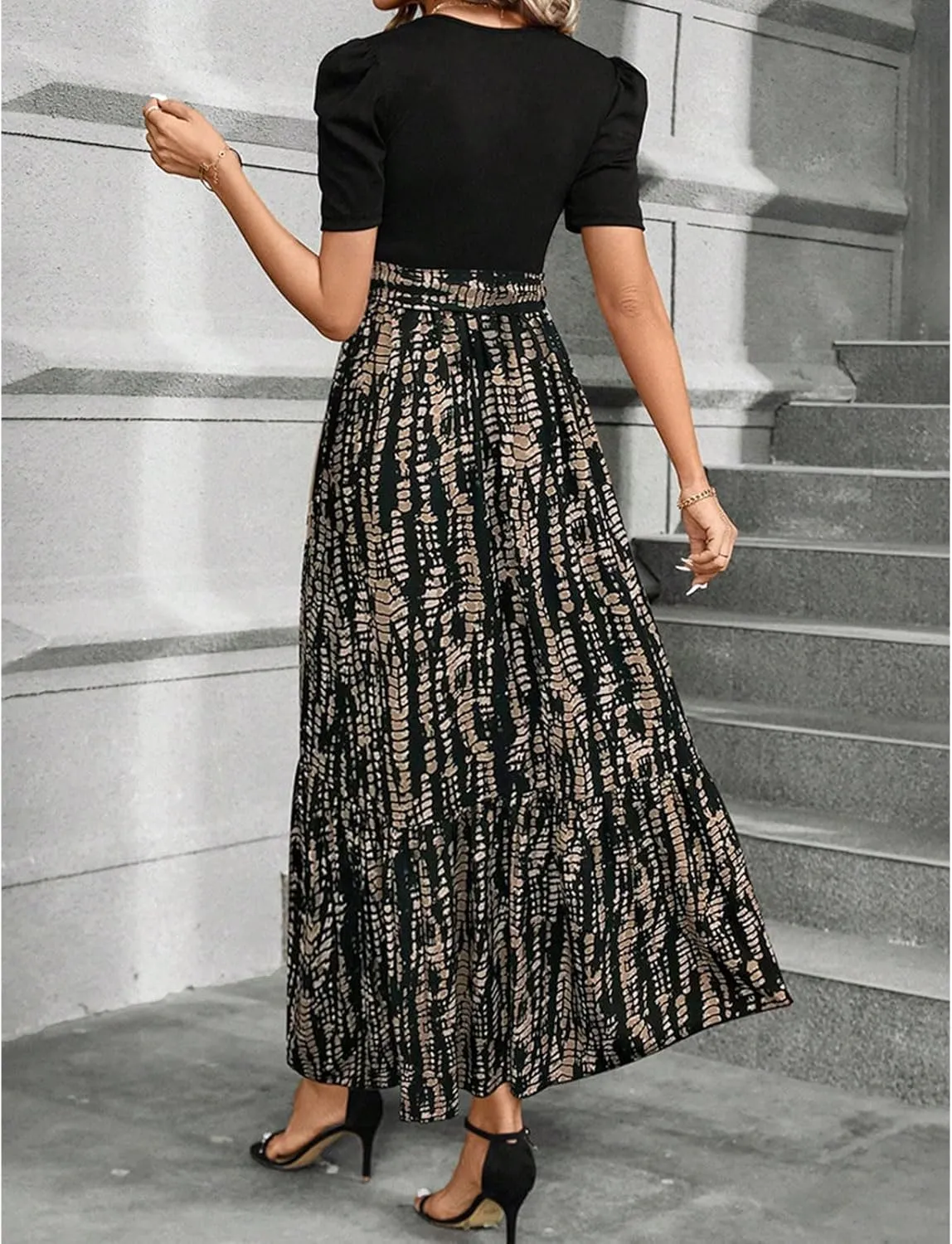 Floral Maxi Dresses for Women Puff Sleeve Tiered Sundress Elegant Tie Waist Work Dress Summer Casual Vacation Dress