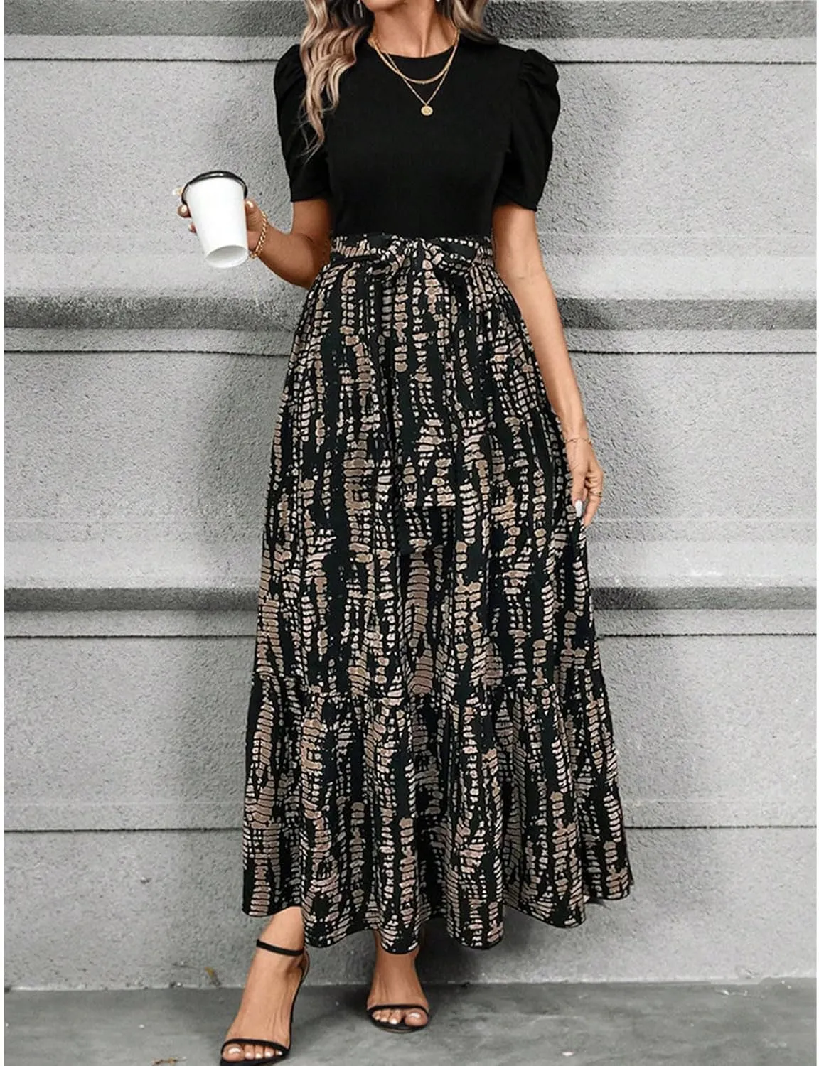 Floral Maxi Dresses for Women Puff Sleeve Tiered Sundress Elegant Tie Waist Work Dress Summer Casual Vacation Dress