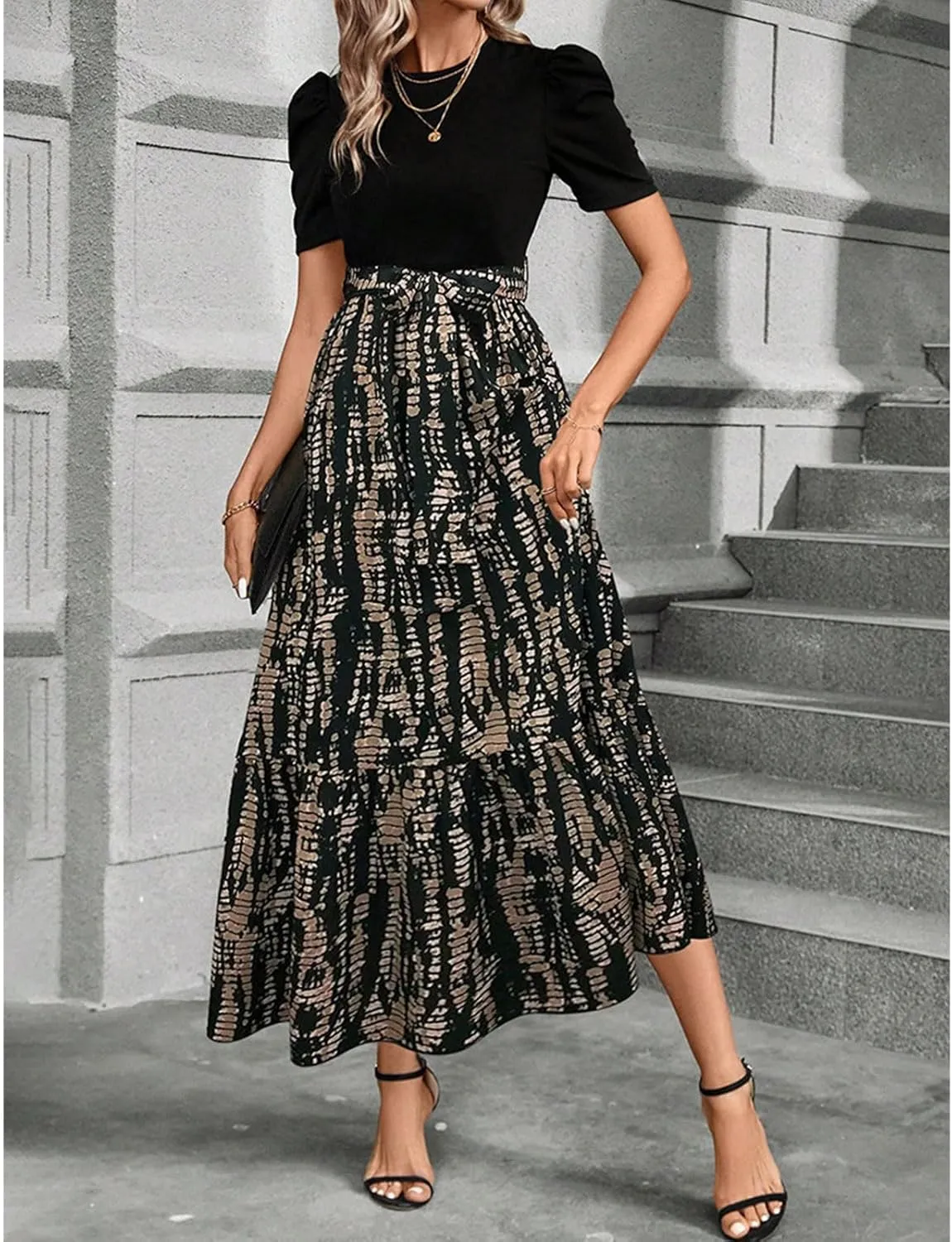 Floral Maxi Dresses for Women Puff Sleeve Tiered Sundress Elegant Tie Waist Work Dress Summer Casual Vacation Dress
