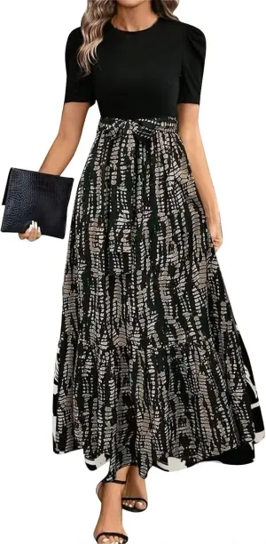 Floral Maxi Dresses for Women Puff Sleeve Tiered Sundress Elegant Tie Waist Work Dress Summer Casual Vacation Dress