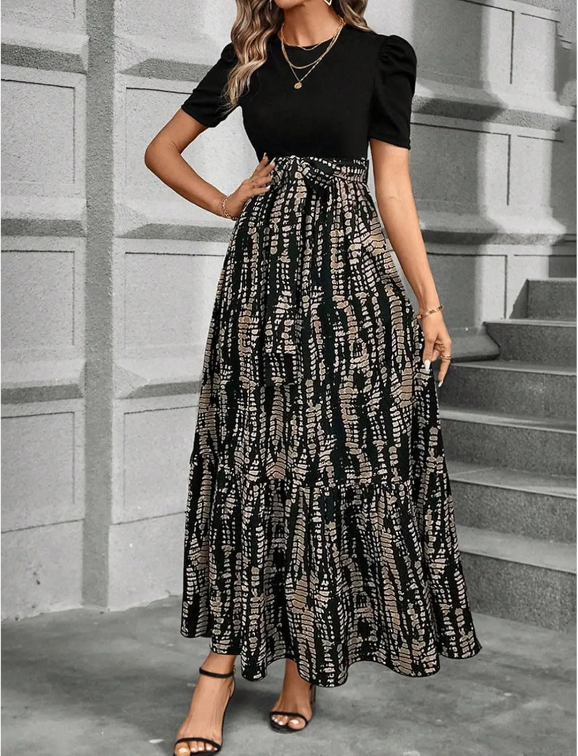 Floral Maxi Dresses for Women Puff Sleeve Tiered Sundress Elegant Tie Waist Work Dress Summer Casual Vacation Dress