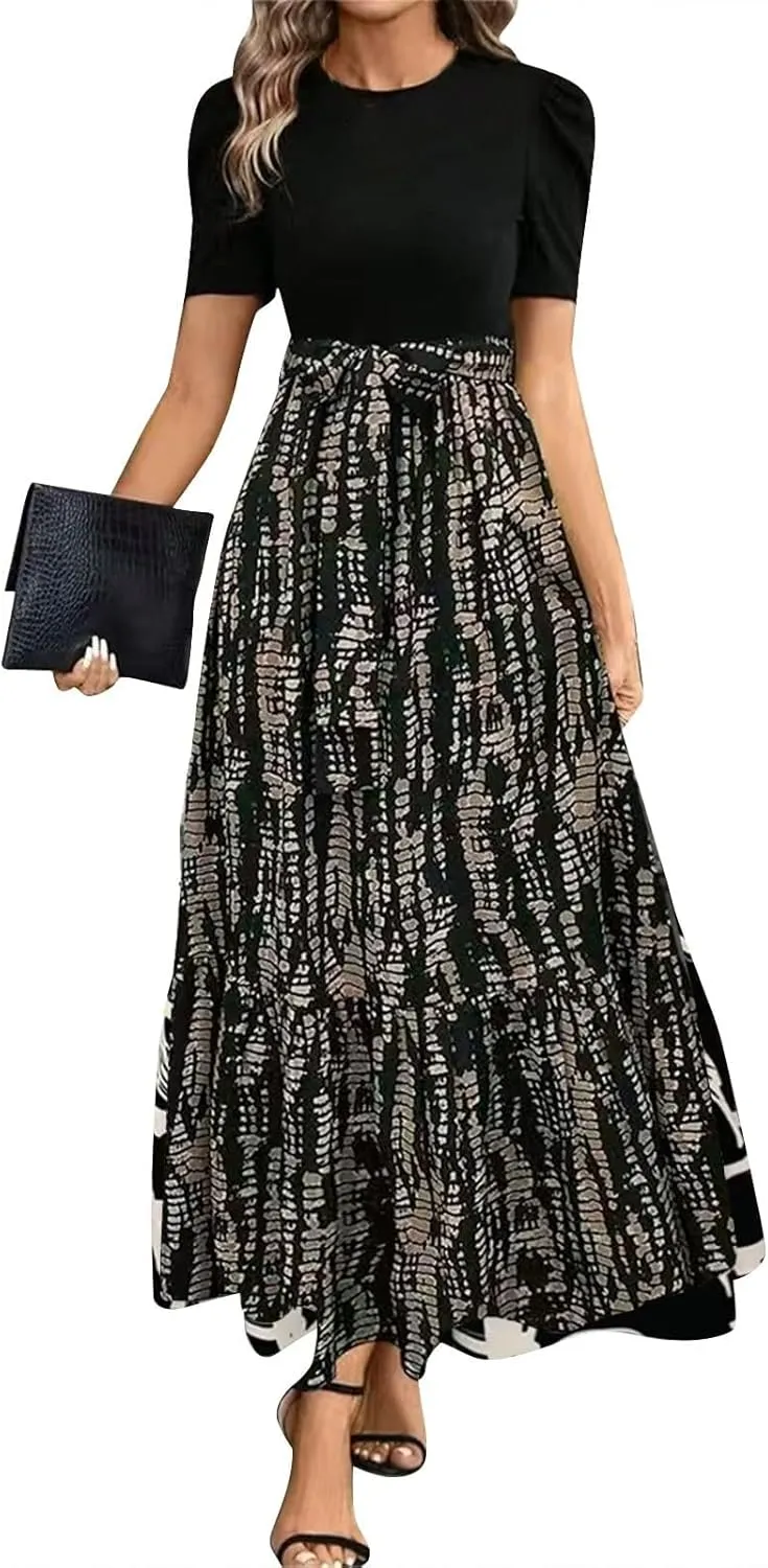 Floral Maxi Dresses for Women Puff Sleeve Tiered Sundress Elegant Tie Waist Work Dress Summer Casual Vacation Dress