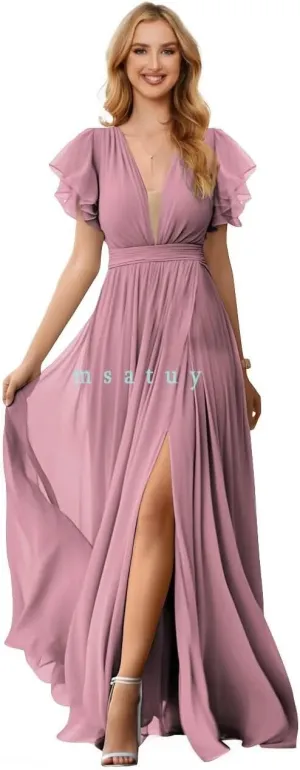 Flowy Chiffon Formal Bridesmaid Dresses V Neck Split Ruffle Sleeve Long Dress Evening Gowns for Wedding 2024