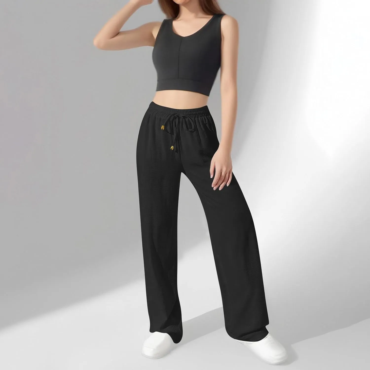 Flowy Linen Pants for Women Summer Wide Legs Pants Drawstring High Waisted Trouser Dressy Palazzo Pant with Pockets