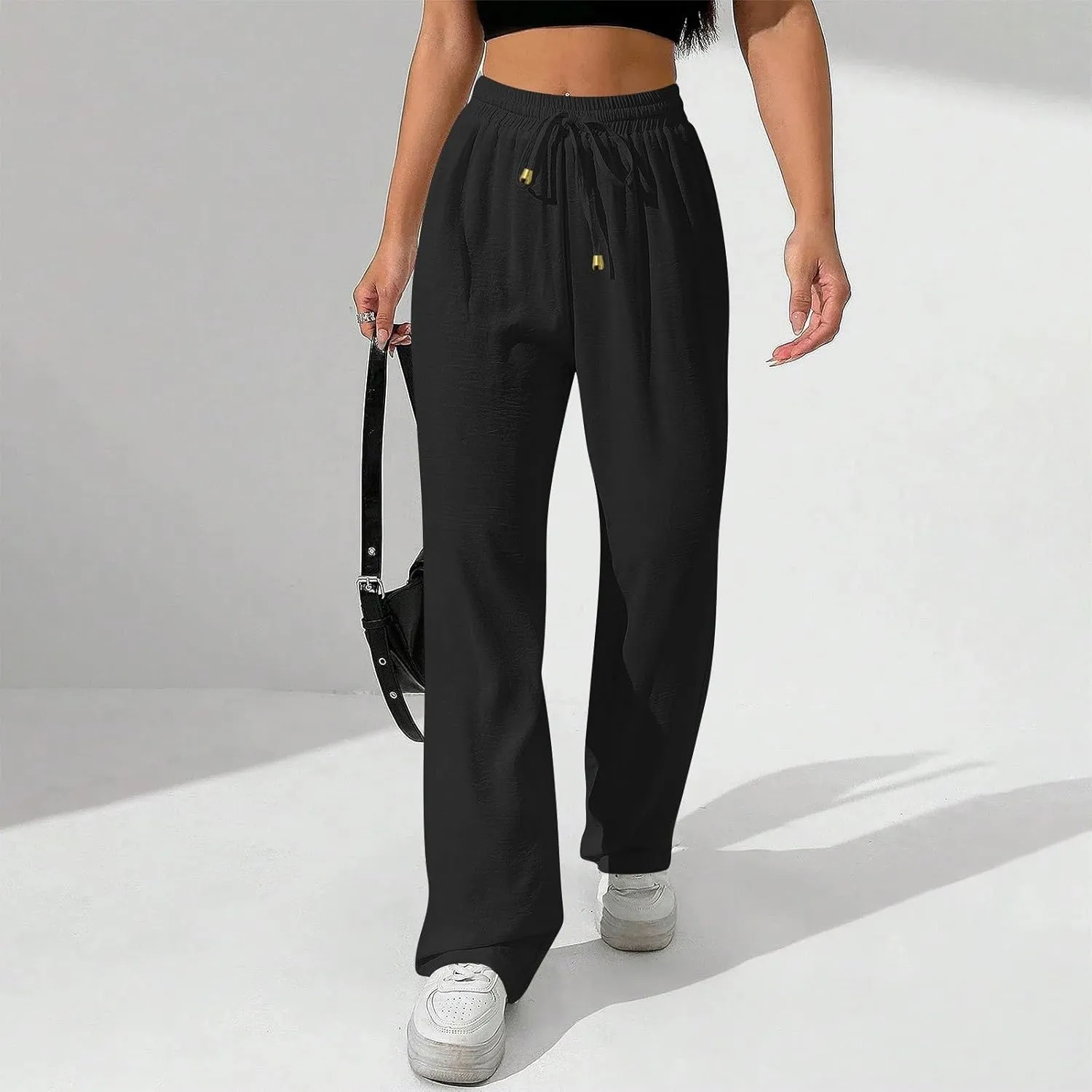 Flowy Linen Pants for Women Summer Wide Legs Pants Drawstring High Waisted Trouser Dressy Palazzo Pant with Pockets