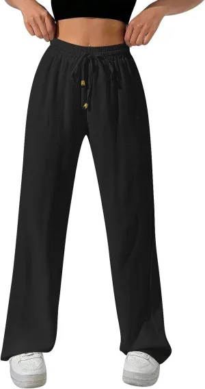 Flowy Linen Pants for Women Summer Wide Legs Pants Drawstring High Waisted Trouser Dressy Palazzo Pant with Pockets