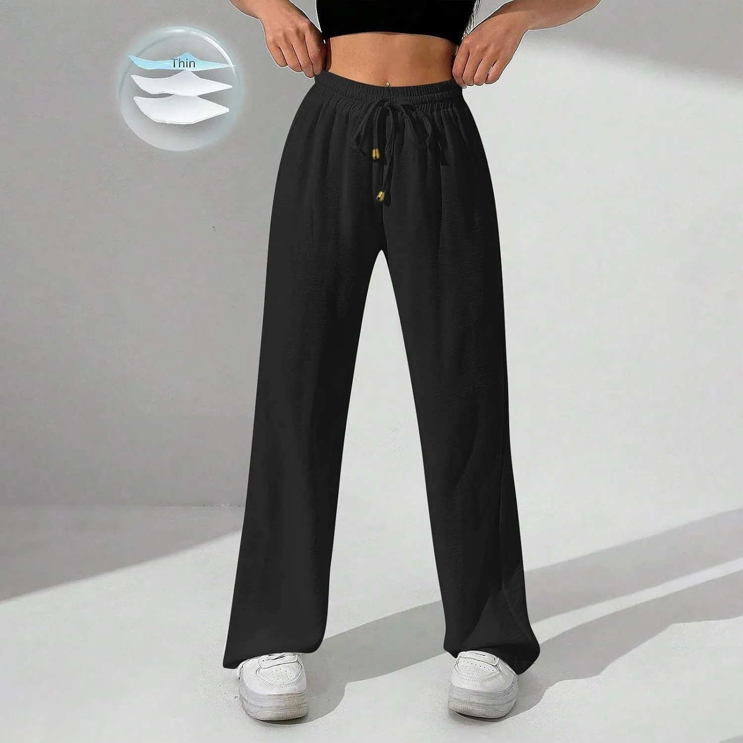 Flowy Linen Pants for Women Summer Wide Legs Pants Drawstring High Waisted Trouser Dressy Palazzo Pant with Pockets