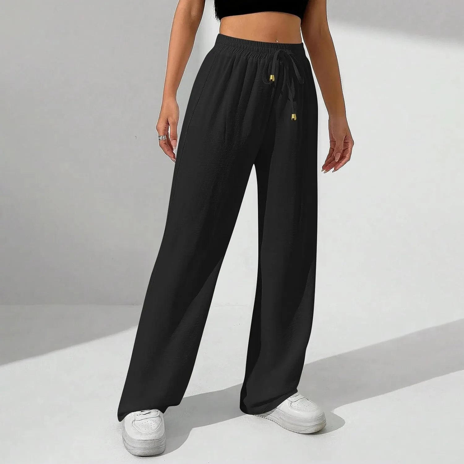 Flowy Linen Pants for Women Summer Wide Legs Pants Drawstring High Waisted Trouser Dressy Palazzo Pant with Pockets