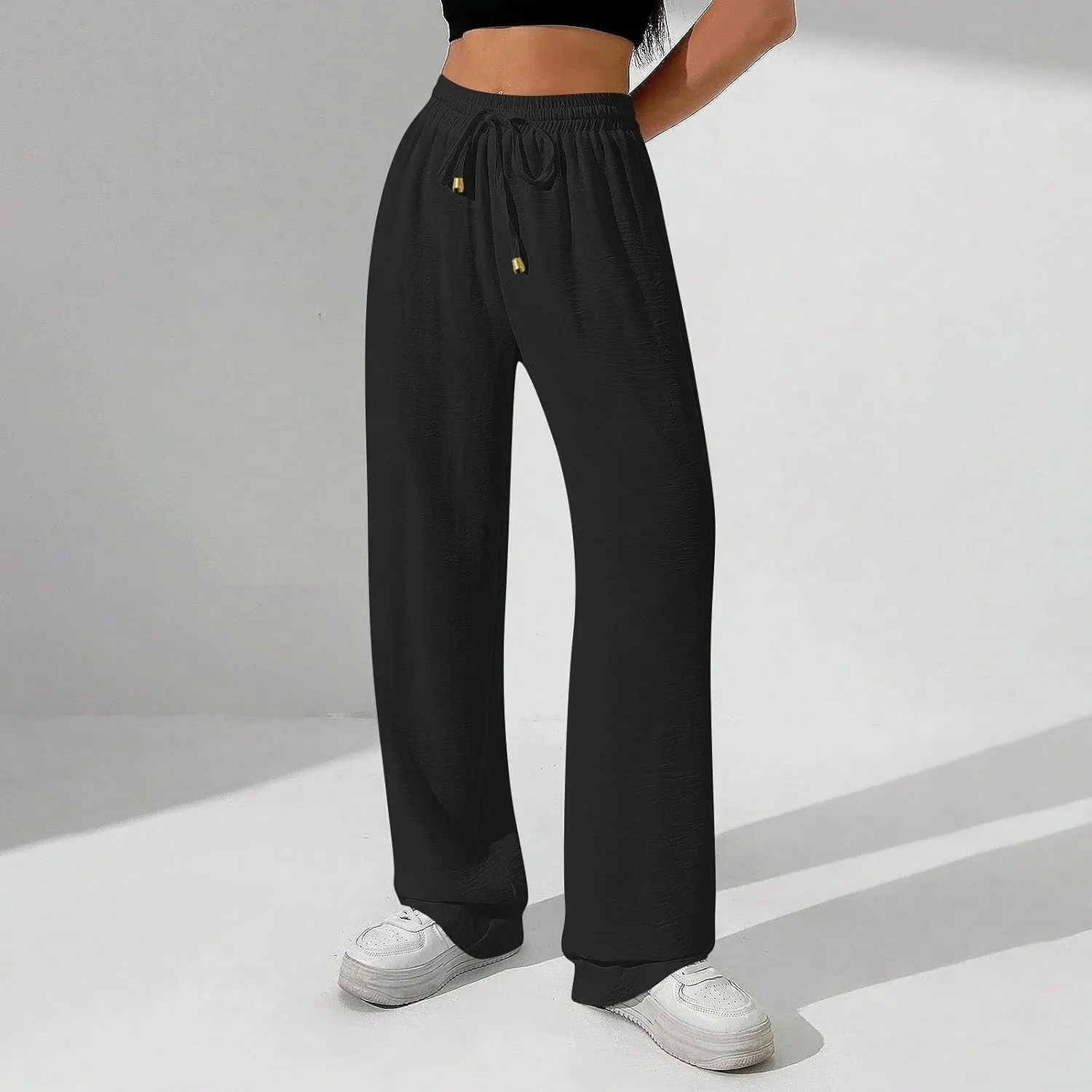 Flowy Linen Pants for Women Summer Wide Legs Pants Drawstring High Waisted Trouser Dressy Palazzo Pant with Pockets