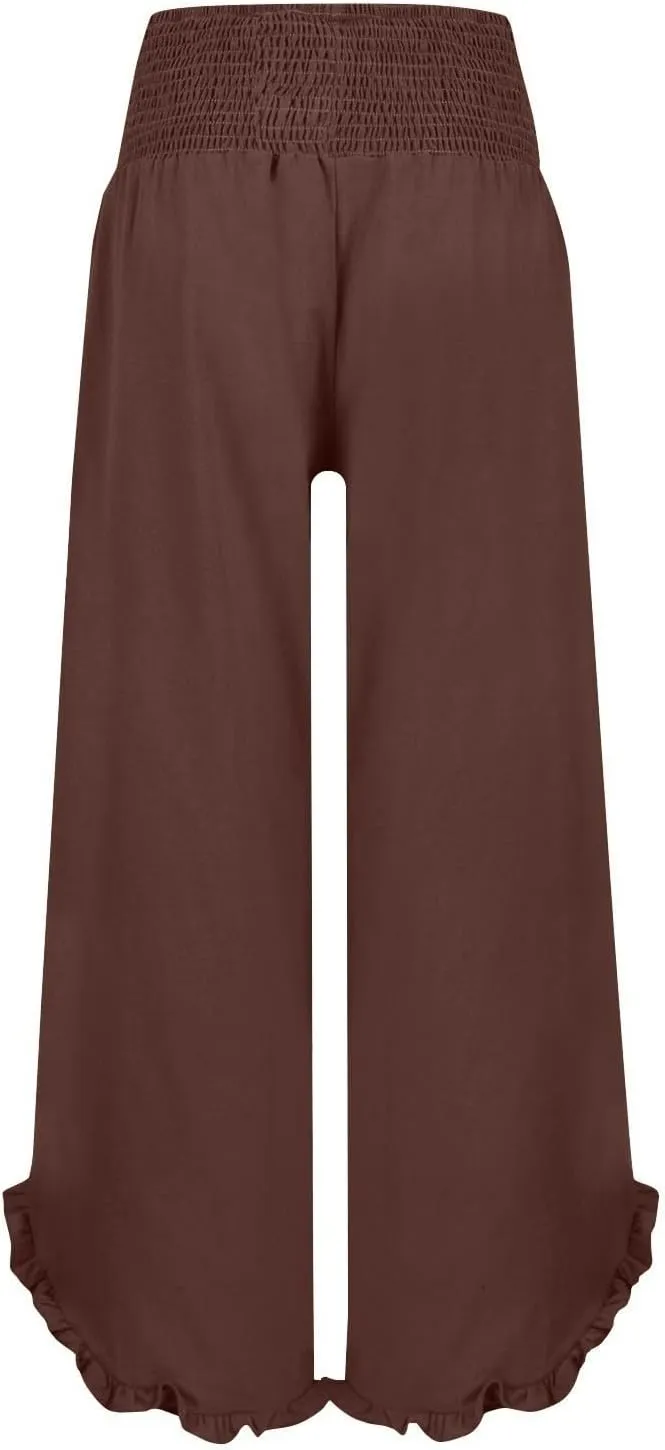 Flowy Palazzo Pants for Women Summer Casual Elastic High Waisted Linen Pants Lightweight Ruffle Hem Beach Pant