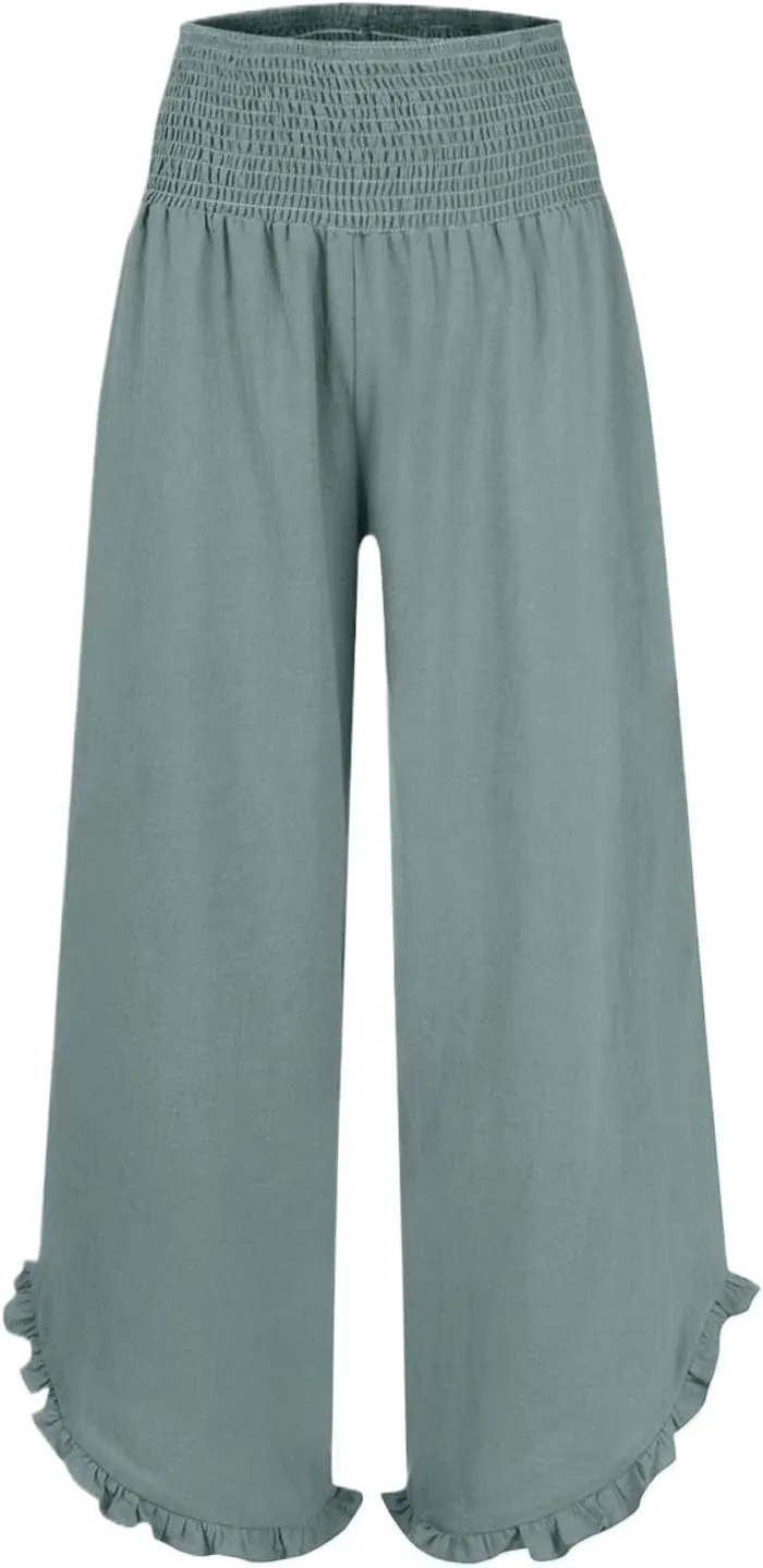 Flowy Palazzo Pants for Women Summer Casual Elastic High Waisted Linen Pants Lightweight Ruffle Hem Beach Pant