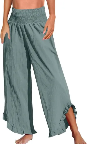 Flowy Palazzo Pants for Women Summer Casual Elastic High Waisted Linen Pants Lightweight Ruffle Hem Beach Pant