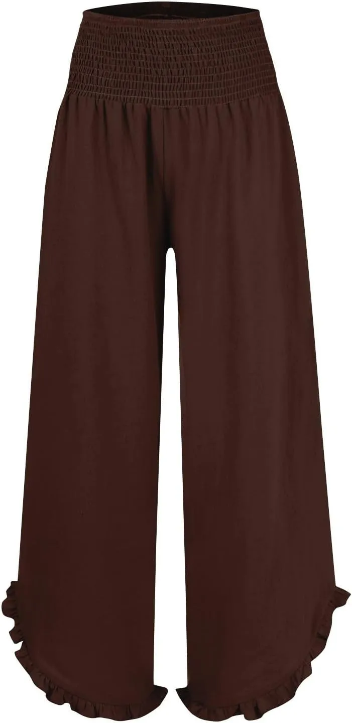 Flowy Palazzo Pants for Women Summer Casual Elastic High Waisted Linen Pants Lightweight Ruffle Hem Beach Pant